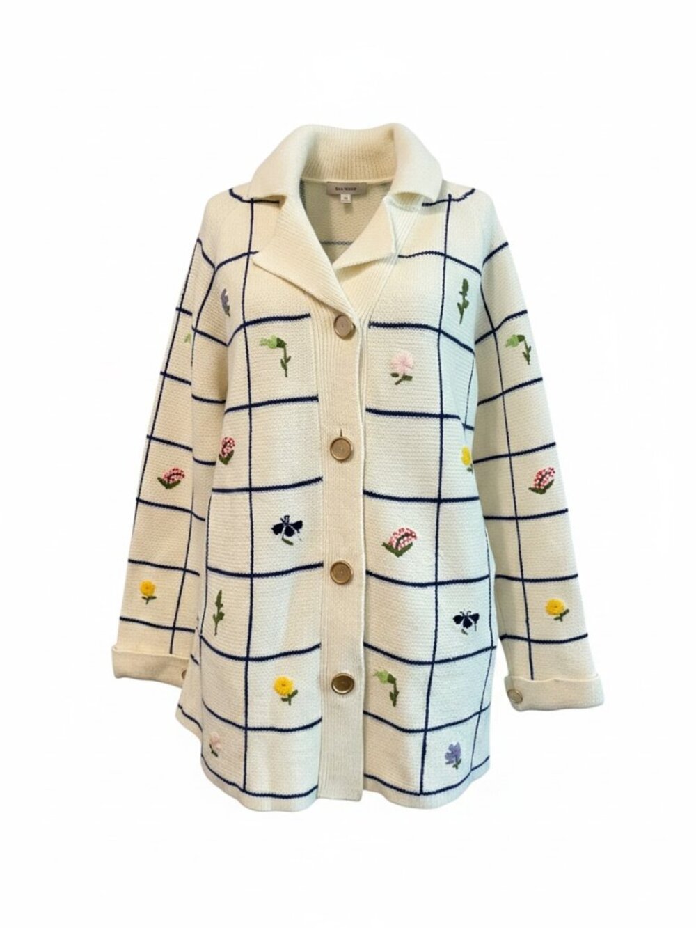 Vintage Embroidered Floral Grid Cardigan Coastal Grandma Cream Navy Size M